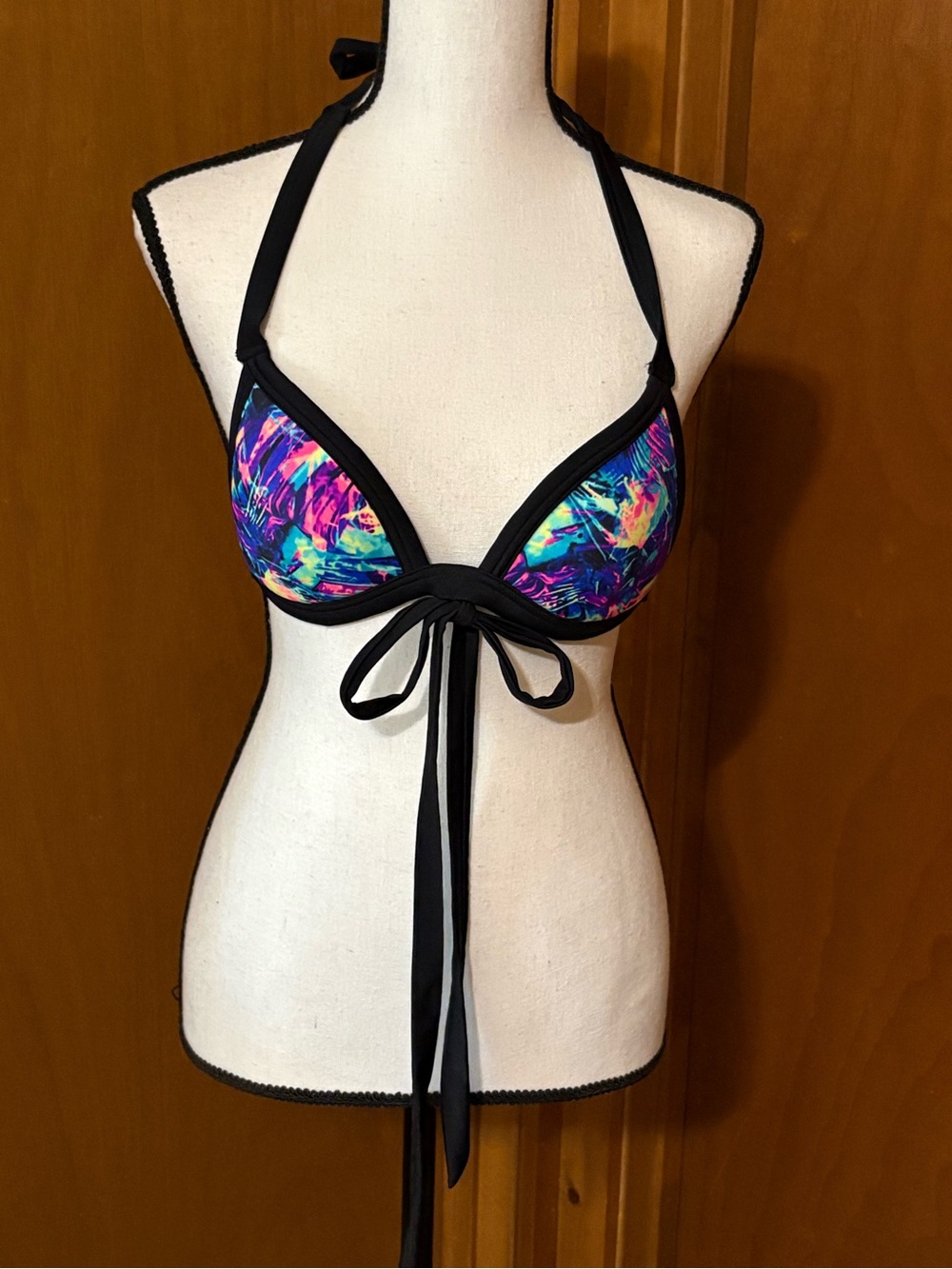 Victoria’s Secret PINK Black Trim Bikini Top with Neon Abstract Print